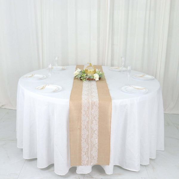 Burlap Jute 14"x106" Table Runner Natural With White Middle Lace - Rustic Vintage Tabletop Decor